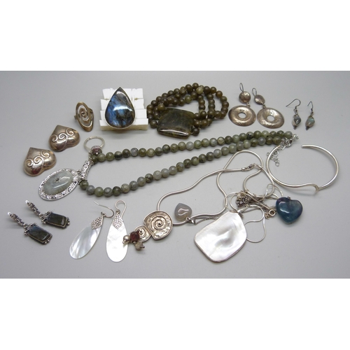 988 - A collection of silver jewellery, silver mounted jewellery and two bead necklaces