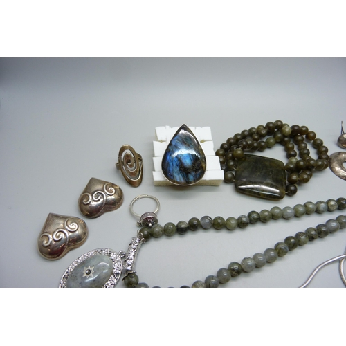 988 - A collection of silver jewellery, silver mounted jewellery and two bead necklaces