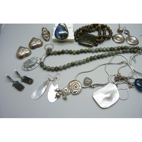 988 - A collection of silver jewellery, silver mounted jewellery and two bead necklaces