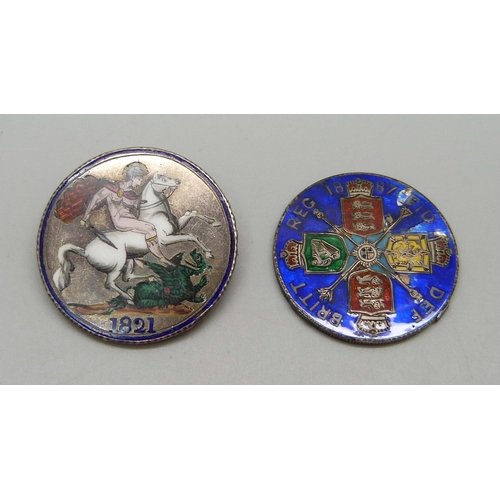 992 - Two enamelled coins, 1821 crown, with brooch pin, and an 1887 double florin