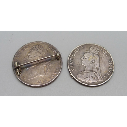 992 - Two enamelled coins, 1821 crown, with brooch pin, and an 1887 double florin