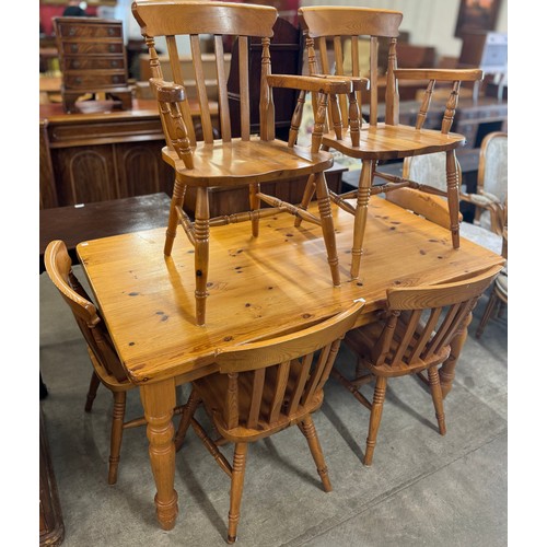 332 - A pine farmhouse kitchen table and six chairs