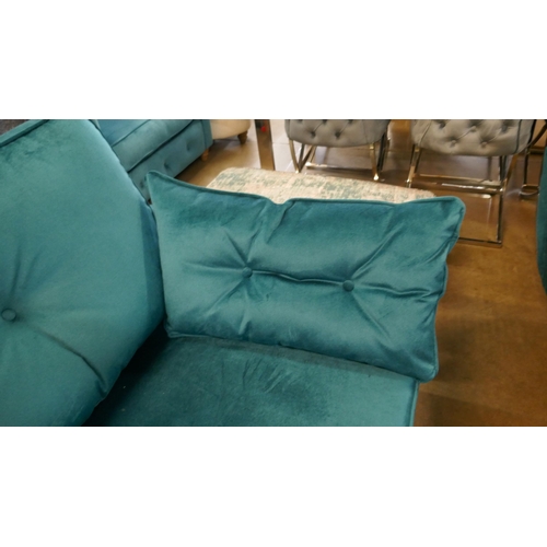 1301 - A teal velvet upholstered button back three seater sofa and armchair on brass effect legs