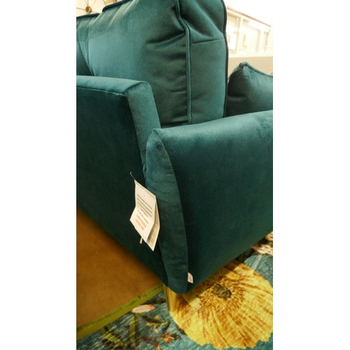 1301 - A teal velvet upholstered button back three seater sofa and armchair on brass effect legs