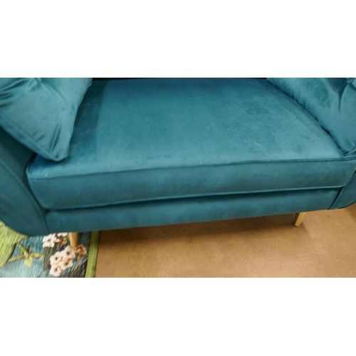 1301 - A teal velvet upholstered button back three seater sofa and armchair on brass effect legs