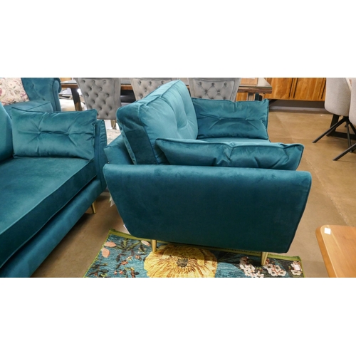 1301 - A teal velvet upholstered button back three seater sofa and armchair on brass effect legs