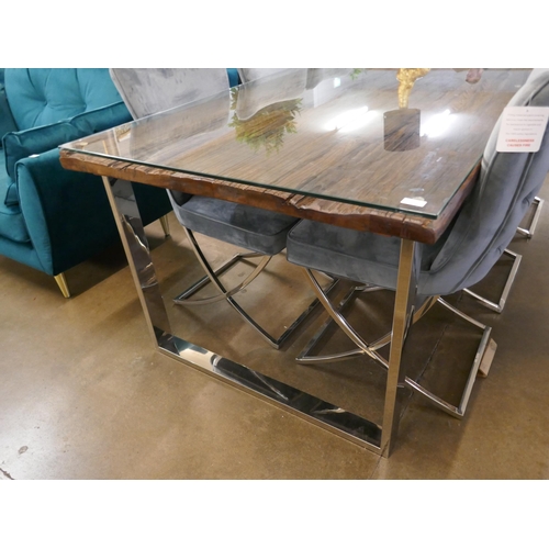 1306 - A railway sleeper 220cm dining table and six grey velvet buttoned chairs *This lot is subject to VAT