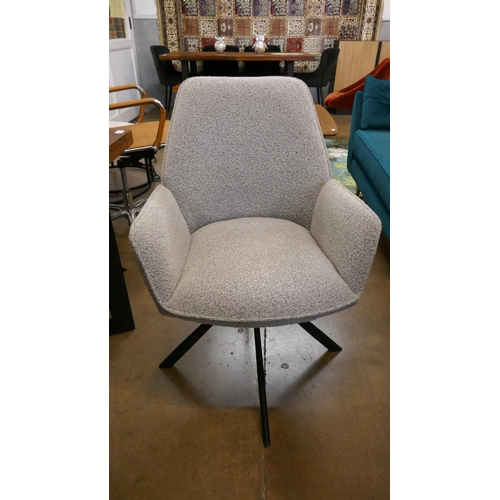 1313 - A hardwood and steel dining table with six boucle grey swivel chairs *This lot is subject to VAT