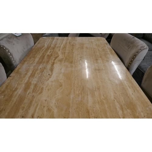 1436 - A hardwood and travertine dining table and four mink buttoned chairs  *This lot is subject to VAT