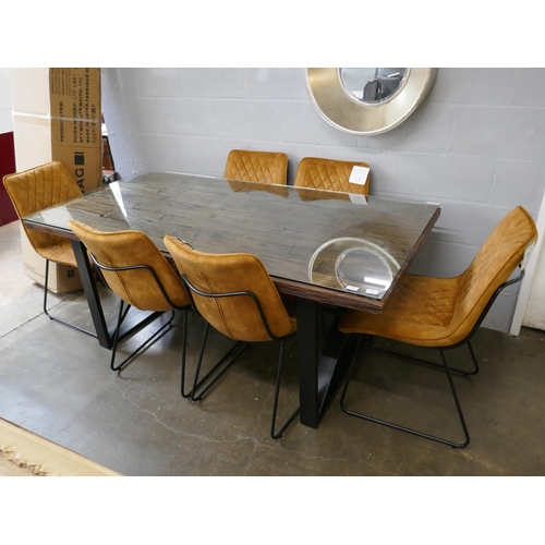 1453 - A railway sleeper dining table and six turmeric velvet chairs  *This lot is subject to VAT