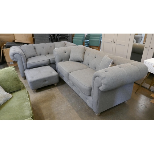 1503 - Grey weave Chesterfield three seater sofa, two seater sofa and footstool RRP £2778