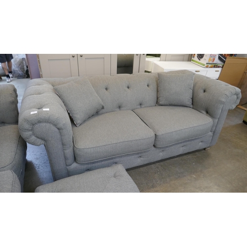 1503 - Grey weave Chesterfield three seater sofa, two seater sofa and footstool RRP £2778