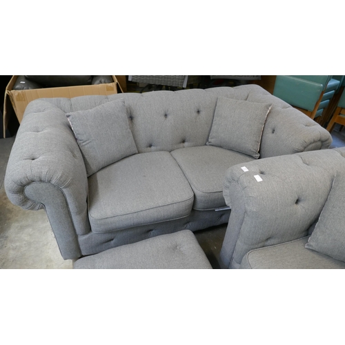 1503 - Grey weave Chesterfield three seater sofa, two seater sofa and footstool RRP £2778