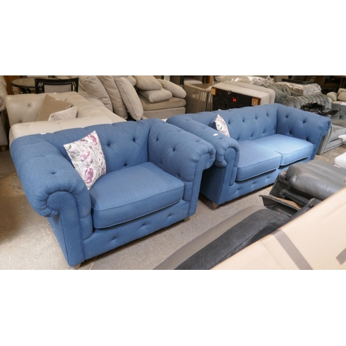 1510 - Blue weave Chesterfield three seater sofa and two seater sofa RRP £2778