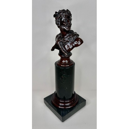 102 - A 19th Century French bronze bust of a laughing Satyr, on marble socle, 24cms