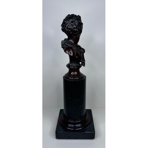 102 - A 19th Century French bronze bust of a laughing Satyr, on marble socle, 24cms