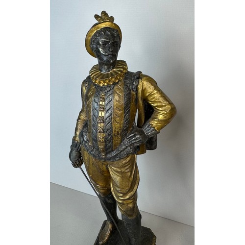 106 - A set of three 19th Century French gilt spelter figures of cavaliers and a musician, tallest; 25cms ... 