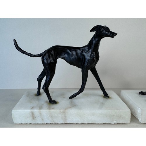 111 - A pair of early 20th Century French bronze greyhounds, on marble socles, tallest; 13cms h