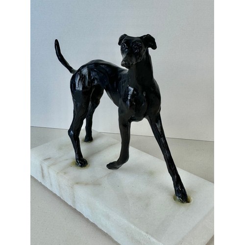 111 - A pair of early 20th Century French bronze greyhounds, on marble socles, tallest; 13cms h