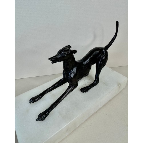 111 - A pair of early 20th Century French bronze greyhounds, on marble socles, tallest; 13cms h