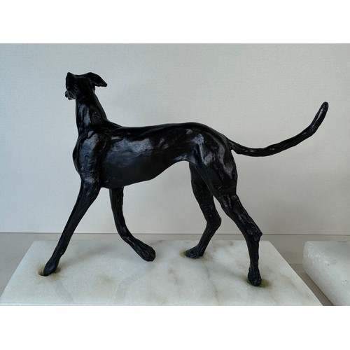 111 - A pair of early 20th Century French bronze greyhounds, on marble socles, tallest; 13cms h