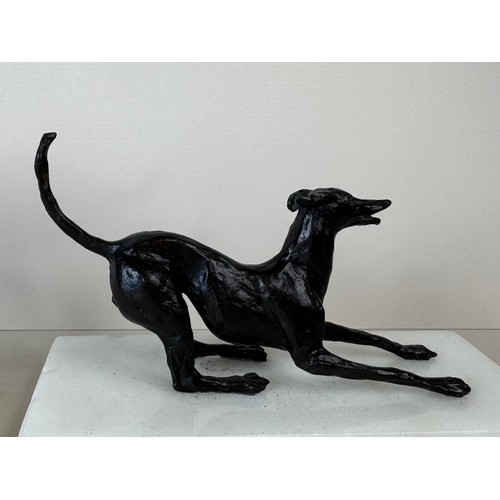 111 - A pair of early 20th Century French bronze greyhounds, on marble socles, tallest; 13cms h