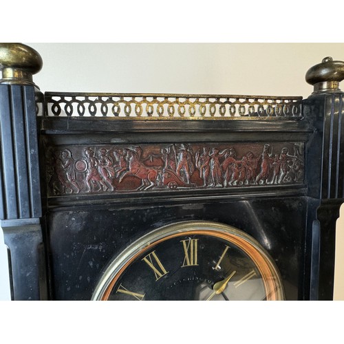 115 - A 19th Century French Belge noir, gilt metal and copper mantel clock, 43cms h