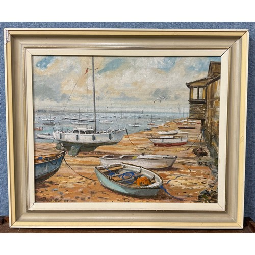 420 - David Allen, harbour scene, oil on board, framed