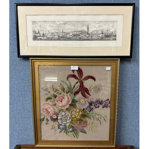 425 - A print of Venice and a still life tapestry, both framed