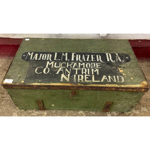 382 - A Military trunk named to Maj L.M. Fraser, RA, Muckamore, Co. Antrim, N Ireland