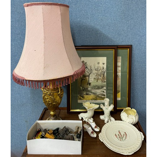 400 - A gilt table lamp, assorted china, two prints, etc.