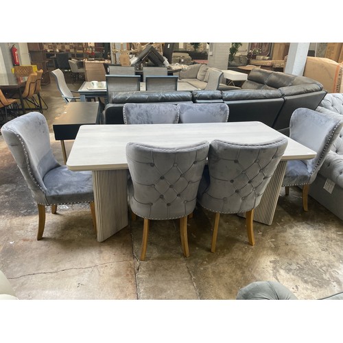 1477 - Light grey wooden dining table and six grey upholstered chairs *This lot is subject to VAT