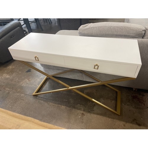 1486 - A white two drawer console table with gold legs