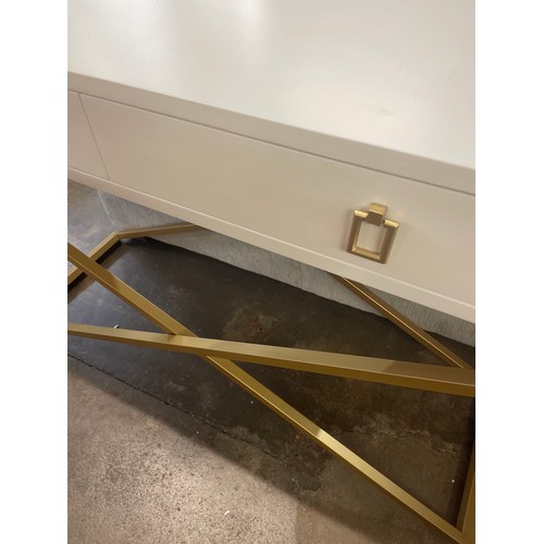 1486 - A white two drawer console table with gold legs