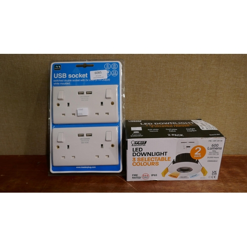 6085 - Bg Twin Usb Sockets, Feit 3.5  Dimmable Down Lighter  (326A - 8,10) *This lot is subject to VAT