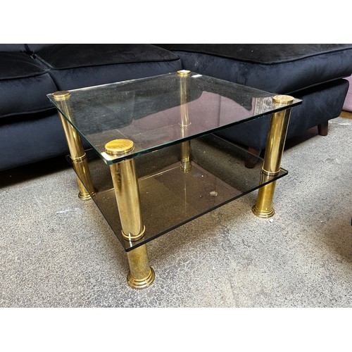 1523 - A square coffee table with brass legs and shelf