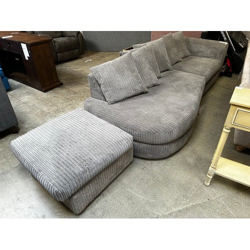 1552 - A grey cord upholstered open end three seater sofa and footstool