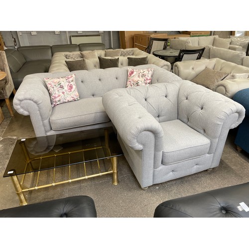 1513A - A grey weave Chesterfield three seater sofa and armchair