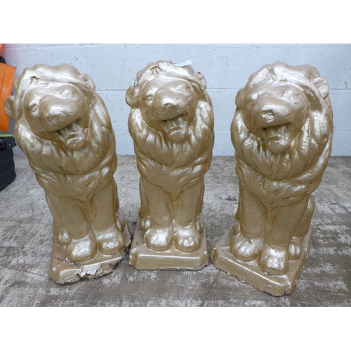 2155 - 3 gold painted concrete lion garden ornaments