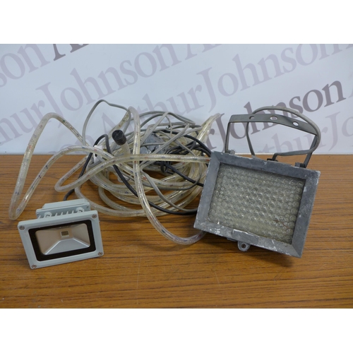 2228 - 2 LED flood lights and a length of rope lights, a quantity of bakery equipment including sieves, a p... 