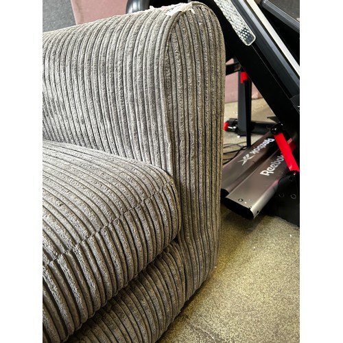 1415 - A grey cord upholstered open end three seater sofa and footstool