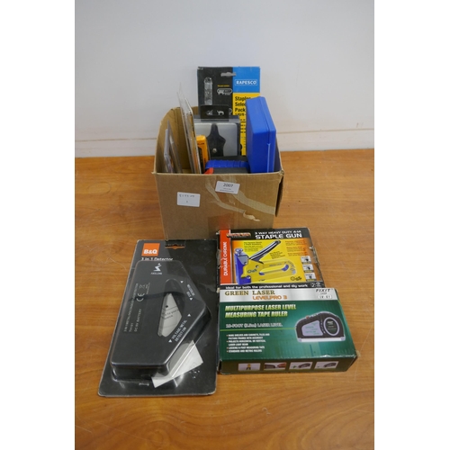 2007 - A box of miscellaneous electrical and other  items including a multi purpose laser level measuring t... 