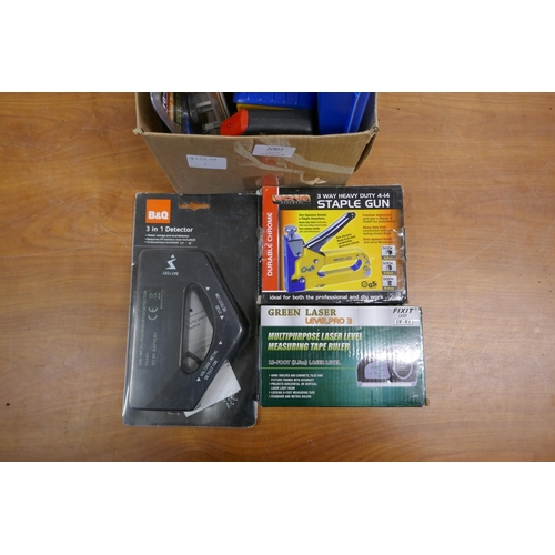 2007 - A box of miscellaneous electrical and other  items including a multi purpose laser level measuring t... 