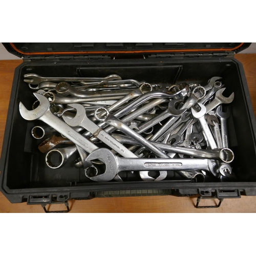 2014 - A black plastic toolbox containing a large quantity of Britool open-ended and ring spanners and a pl... 