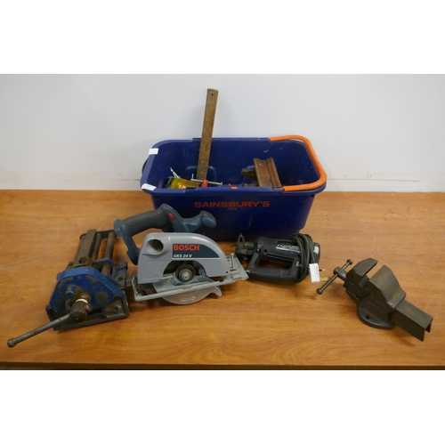 2015 - A box of assorted hand tools, clamps, a plane, a Rotozip Rebel spiral saw and a Bosch GKS 24V power ... 