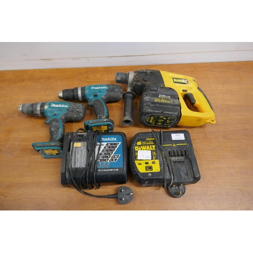 3 cordless drills and 2 battery chargers including a Dewalt DW005 Type 3 24V hammer drill a Dewal