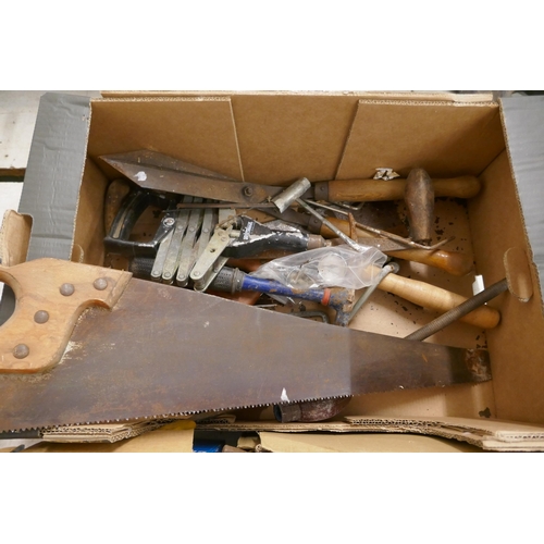 2029 - A mixed lot of woodworking hand tools including: a Spiralux riveter, files, tape measures, a saw, cl... 