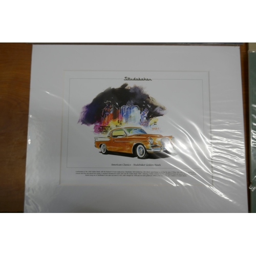 2044 - 20 mounted prints including Cadillac, Thunderbird, Pontiac, Chevrolet, Impala, Harry Houdini, London... 