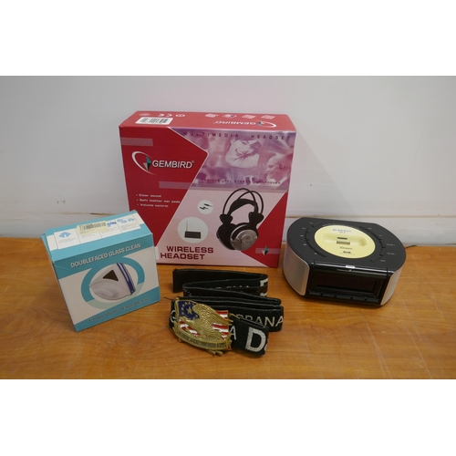 2052A - A Gembird wireless headset kit, a Roberts digital clock radio with dock for iPod, a double faced gla... 