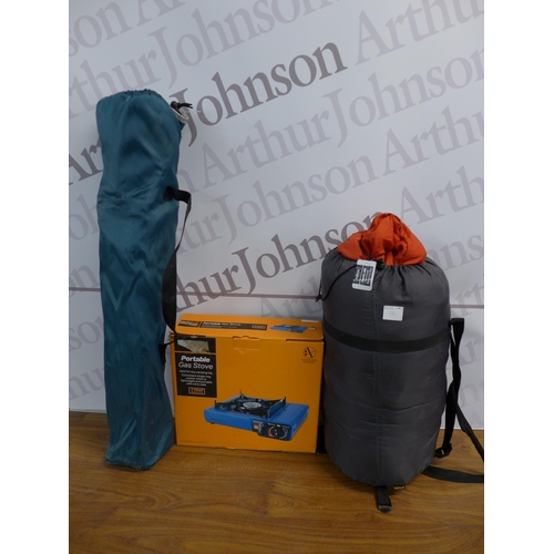 2160 - A Halfords sleeping bag, a garden chair and a Halfords portable gas stove